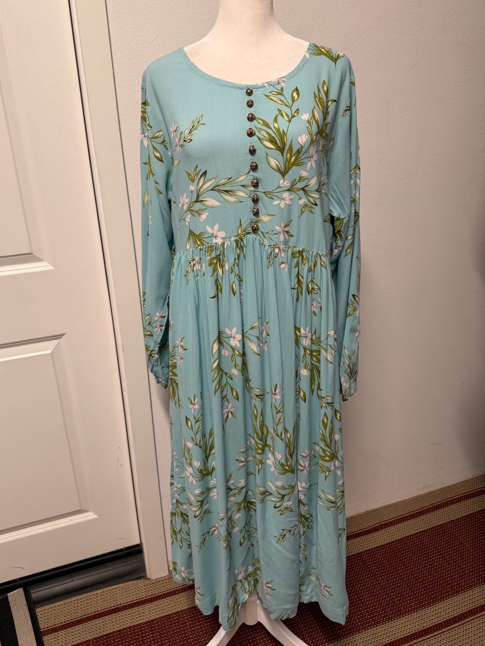 Erum Emaan Size L Sky Blue Floral Maxi Dress Pakistani Modest Long Dress